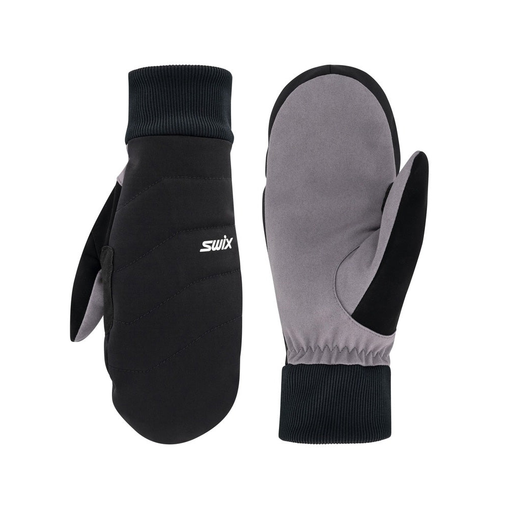Mitaines d'hiver Tur Softshell Mitten Swix noires, vue du dessus de la main et de la paume grise, manchette côtelée