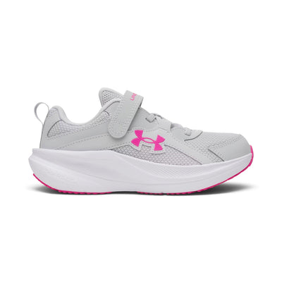 Soulier de course Under Armour Assert 11 AC pour filles, gris avec accents roses, vue de profil avec sangle autoagrippante