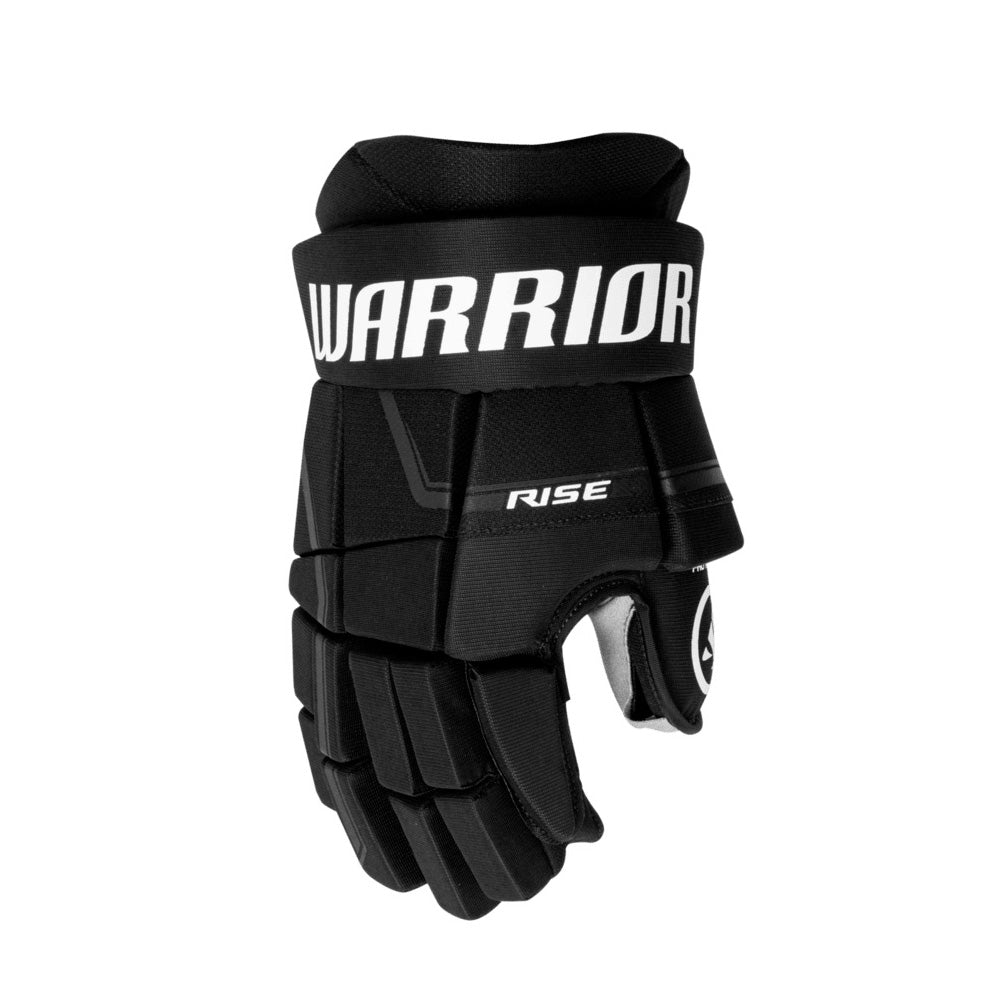 Gant de hockey Warrior RISE pour adultes, noir, vue de dos de la main avec logo Warrior et mention RISE
