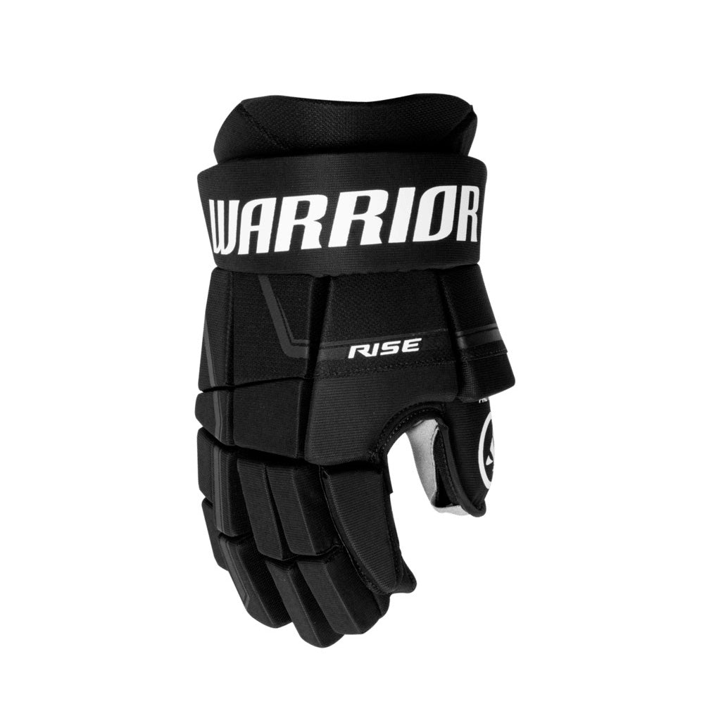 Gant de hockey Warrior RISE pour juniors, noir, vue de dos de la main avec logo Warrior et mention RISE